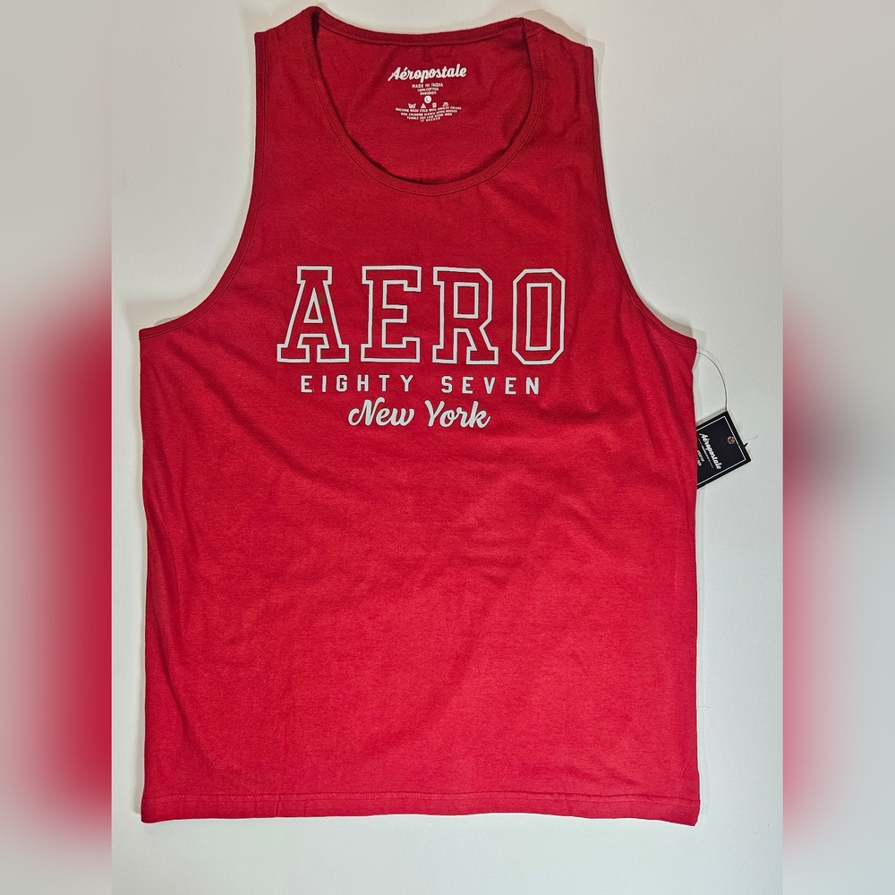 Aeropstale Mens Tank Top Large Red White New York Graphic Beachy Muscle Shirt‎